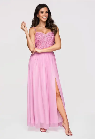 Rochie maxi eleganta de seara cu guler tip corset si aplicatii LA-OM-DLR339 - Roz