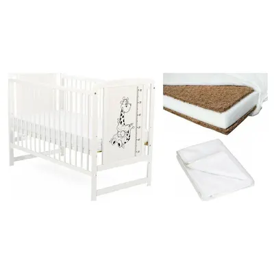 Set Patut din lemn bebe Babyneeds, Timmi Girafa, 120x60 cm, Alb + Saltea patut bebe, Cocos Confort II, Cu fibre de cocos si strat de burete, 120x60x10 cm + Protectie impermeabila, Pentru patuturi 120x60 cm, Alb