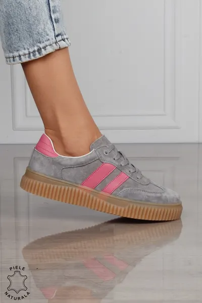 Pantofi Casual DAMA din Piele Naturala intoarsa, Model Retro CRL1531GRI
