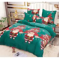 Lenjerie pat dublu, Super Pufoasa COCOLINO, cu ELASTIC, 4 piese, Verde, Mos Craciun si Brazi