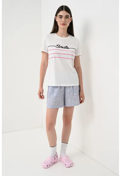 Tricou din bumbac organic cu imprimeu text - Negru/Roz neon/Alb optic