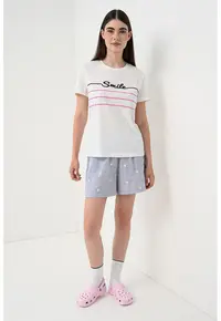 Tricou din bumbac organic cu imprimeu text - Negru/Roz neon/Alb optic