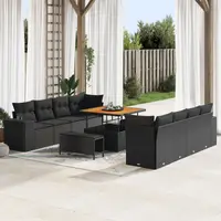 Set de canapea pentru gradina Gossi 11 piese cu perne negru poliratan acacia, set de dining pentru gradina Gossi 3 piese cu perne negru poliratan acacia