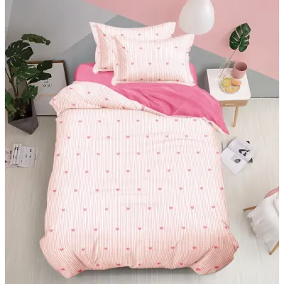 Lenjerie pat 140x200cm, FINET, 4 piese, cu ELASTIC, Crem, Roz, Inimioare