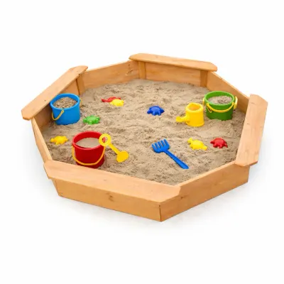 Nisipar din lemn pentru copii Ginger Home Octogonal 134.5x134.5 cm cu 4 bancute integrate,folie pentru baza inclusa,perfect pentru curtegradinagradiniteloc de joaca