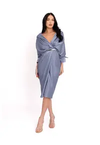 Rochie cu decolteu pe umeri si model drapat - Gri cenusiu