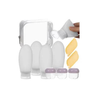Set recipiente cosmetice de calatorie, 10 elemente, trusa cu 4 sticlute 100 ml, 3 recipiente 20 ml, 2 huse periute dinti