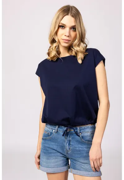 Tricou din bumbac cu decolteu rotund si terminatie ajustabila Morven - Bleumarin