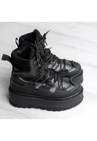 Ghete din piele cu talpa wedge Heavy Duty - Negru