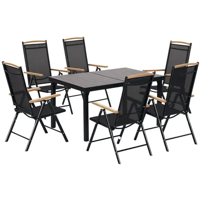 Outsunny Salon de grădină exterioară 6 persoane, cadru din aluminiu, masă 140 cm, 6 scaune pliabile și înclinabile, negru | Aosom Romania