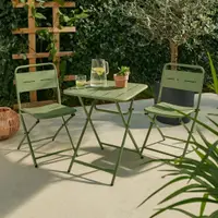 Set mobilier pliabil pentru balcon, masă pătrată 60×60 cm și 2 scaune metalice verzi, design modern, compact