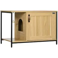 PawHut Casă Toaletă pentru Pisici, cu ușă de intrare laterală și minge suspendată, Oțel Negru și Lemn, 80 x 48 x 55 cm | Aosom Romania