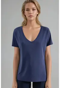 Tricou dama decolteu in V - maneca scurta - albastru marin - jerseu