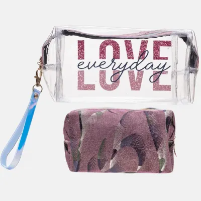 Set doua portfarduri, material textil roz auriu cu model si material plastic transparent