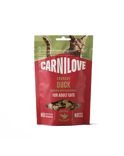 CARNILOVE Crunchy Snack Duck gustare crocantă pentru pisici 50 g cu zmeură