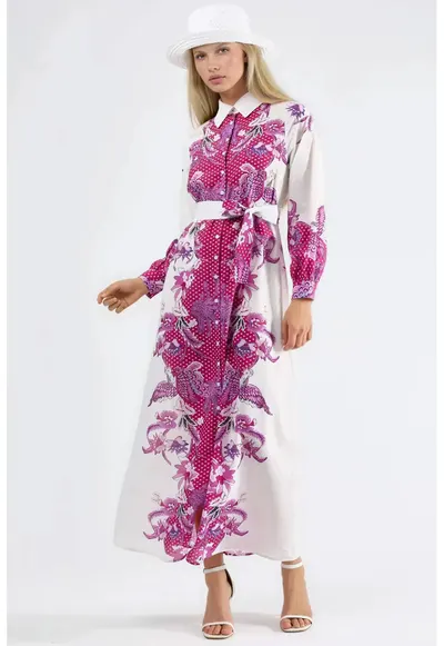 Rochie midi - imprimeu floral - maneca lunga - poliester/lycra - roz/alb