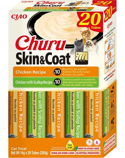 INABA Churu Cat Skin Coat 20x14g recompensa crema, cu pui si scoici pentru pisica