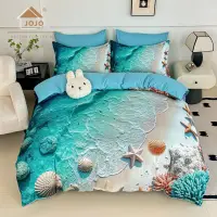 Lenjerie pat dublu, FINET, Imprimeu Digital 5D - Identic cu poza, Cu ELASTIC, 6 piese, Jojo Home, Bleu, Ocean