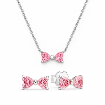 Set bijuterii Cercei si Colier Pink Bow Cu Argint