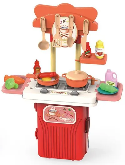 Bucătărie pentru copii în valiză Raya Toys - 4 în 1, roșie, 19 piese