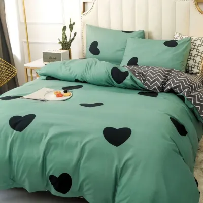 Lenjerie pat 140x200cm 4 piese cu ELASTIC - 3 Bucati 219 Lei - Verde inimioare