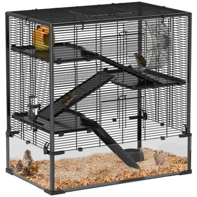 PawHut Cușcă pentru Hamster cu Bază din Sticlă, Cu 4 Etaje și Accesorii, 78,5L x 48,5B x 80H cm, Negru | Aosom Romania