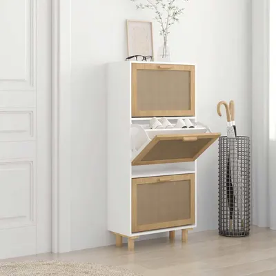 vidaXL Pantofar, alb, 52x25x115 cm, lemn prelucrat și ratan natural