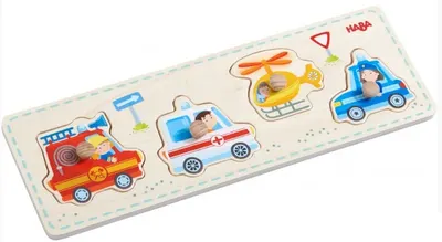 Puzzle din lemn cu mâner Haba - Vehicule, 5 piese