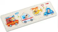 Puzzle din lemn cu mâner Haba - Vehicule, 5 piese