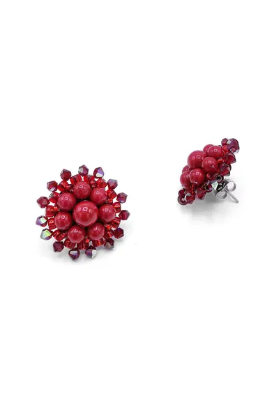 Cercei eleganti rotunzi - Grace - perle si cristale - rosii - surub din inox