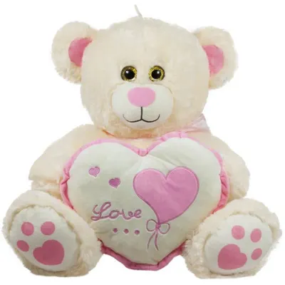 Jucărie de pluș Amek Toys - Ursuleț ecru cu inimă cu margine roz, 45 cm