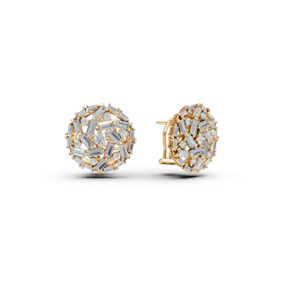 Cercei rotunzi din aur galben cu diamante baguette si rotunde de 2.1ct