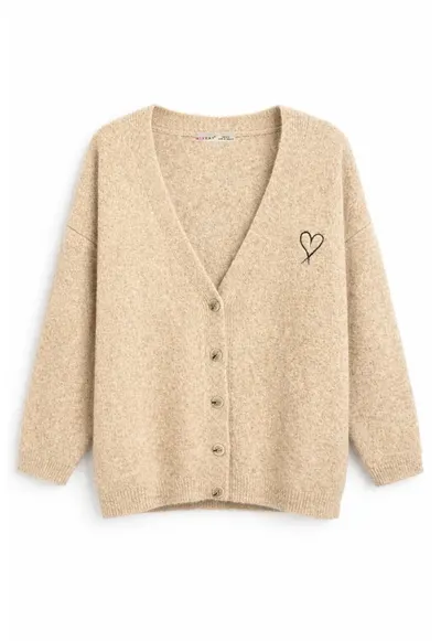 Cardigan tricotat supradimensionat - detaliu inima - bej natural - poliester-acril-lana
