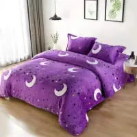 Lenjerie pat dublu, Super Pufoasa COCOLINO,cu ELASTIC, 4 piese, Mov, Stelute si Luna