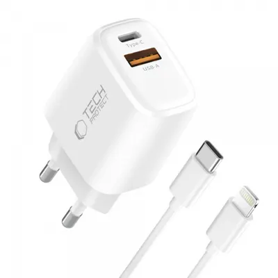 Incarcator Retea Cu Cablu Lightning Tech-Protect NCA20, 20W, 3A, 1 x USB-A - 1 x USB-C, Alb