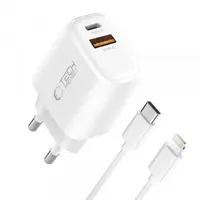 Incarcator Retea Cu Cablu Lightning Tech-Protect NCA20, 20W, 3A, 1 x USB-A - 1 x USB-C, Alb