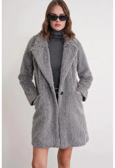 Palton lung texturat gri - material textil