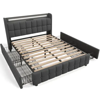 Pat cu tăblie USB și iluminare LED, 4 sertare, structură din lemn, tăblie tapițată, 140x200 cm, Gri