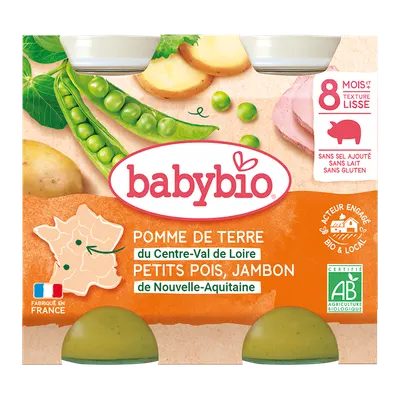 Piure bio din cartofi, mazare si jambon +8 luni, 2 x 200g, BabyBio