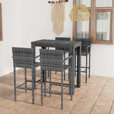 vidaXL Set bar exterior cu cotieră, 5 piese, gri, poliratan