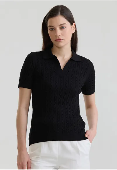 Tricou polo slim fit cu torsade - Negru