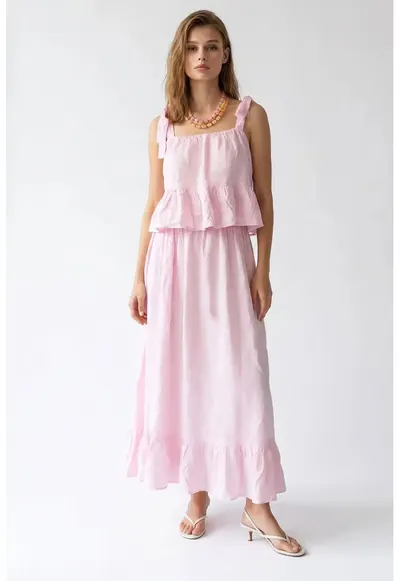 Rochie Midi Fara Maneci Roz Pudra - Poliester - Detalii Volanase