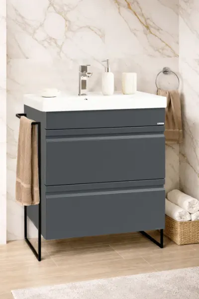 Set Baza front MDF si Lavoar seria 786, cadru metalic, cu sertare, montata, 60 cm, antracit