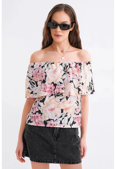 Tricou dama - imprimeu floral - umeri goi - multicolor - textil
