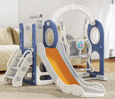 Spatiu de joaca pentru copii Nichiduta Garden Nickron 2 bluewhite, Leagan muzical cu masuta, tobogan, treptele de acces, balustrade laterale de sustinere, 150 x 170 x 110 cm