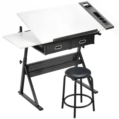 HOMCOM Masă de desen cu taburet și 2 sertare, înălțime reglabilă, blat înclinabil 0° à 60°, 120 x 60 x 68-92 cm, alb | Aosom Romania