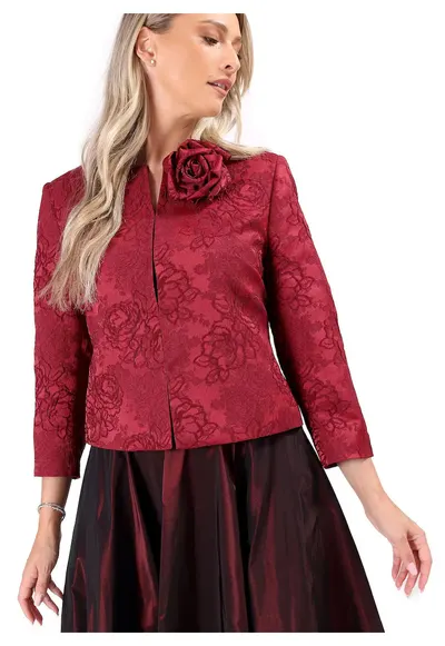Sacou elegant din brocart cu motive florale SUB-CBV - Rosu cireasa