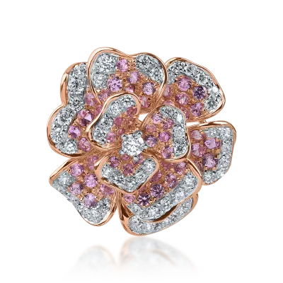 Pandantiv floare din aur roz cu safire roz de 0.6ct si diamante de 0.3ct
