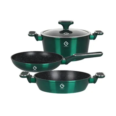 Set 3 Vase din Aluminiu si Capac din Sticla, Verzi, Compatibile cu Plita cu Inductie, Grunberg