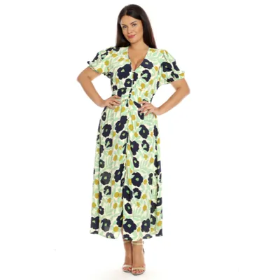 Rochie cu nasturi DV23R52 crem/vernil/bleumarin floral, Dress to Impress | marimea 44